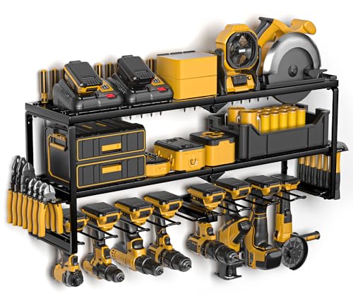 Spampur Power Tool Organizer Wall Mount, 15 Min Assembly & Maximum 100lb load by Heavy Duty Metal, 8 Drill Holder, 3 Layers Garage organization and Storage Rack, Tool Shelf With Battery Holder