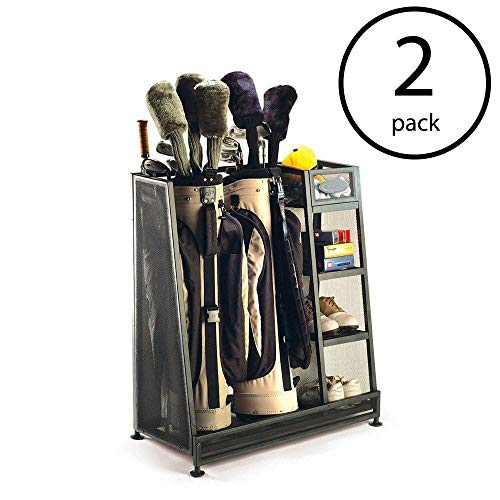 Suncast Garage Golf Bag Shelf Organizer with Leveling Feet and 5 Inch Bin for Club, Ball, and Accessory Storage, 2 Pack