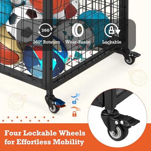 AECOJOY Ball Cart Storage, Extra Large Rolling Basketball Bin with Wheels for Garage, School, Gym, Sports Equipment and Toy Organizer, Indoor & Outdoor