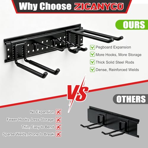 ZICANYCO Garage Tool Organizer Wall Mount 49.5 inches with 10 Adjustable Heavy-Duty Hooks, Garage Organization, Garden Tool Storage Rack, Yard, and Shed, Holds Up to 400 lbs