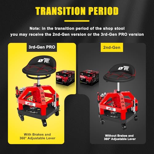 FreekyFit Rolling Shop Stool for Garage with Casters, DO02-Adjustable Height 360° Swivel Shop Seat with Tool Tray Storage, 330 LBS Capacity Padded Mechanic Stool, Magnetic Tool Hold, Heavy Duty, Red