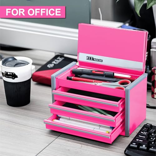 P.I.T. Mini Tool Box 8.6"W X 4.6"D, Portable 3 Drawer Steel Stackable Pink Tool Box with Magnetic Tab Locking, Pink Micro Top Chest with Liner for Tools Storage and Organizers, Home DIY
