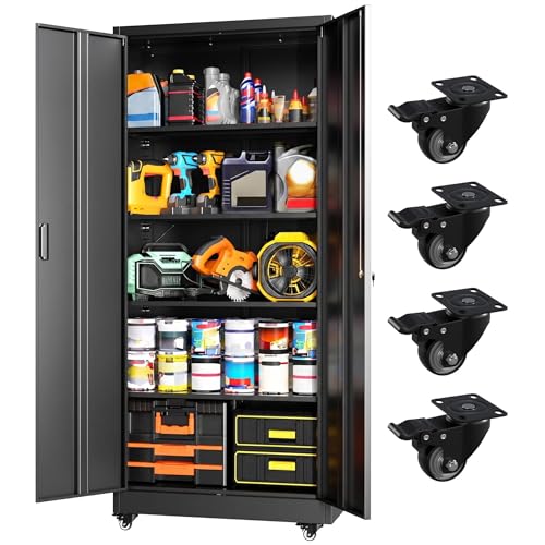 Greenvelly Metal Garage Storage Cabinet with 4 Swivel Wheels, 73” Black Storage Cabinet on Wheels, Rolling Tool Cabinet with Locking Doors and Shelves for Garage, Basement, Home, Warehouse