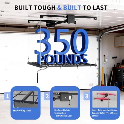 Overhead Ceiling Storage Rack 4x4 ft,Heavy-Duty Carbon Steel Garage Lifting Rack with Manual Hand Crank, Adjustable Height, 350 Lbs Capacity, Maximizes Overhead Space for Garages, Basements