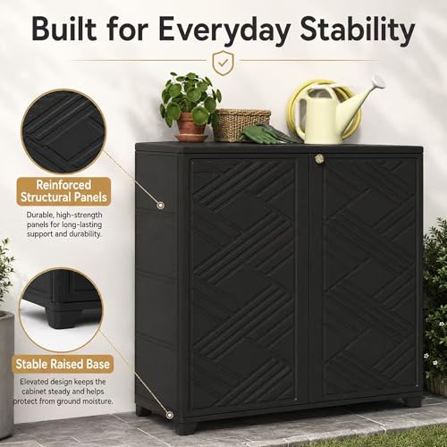 ADDOK Outdoor Storage Cabinet, 60 Gallon Waterproof Resin Patio Storage Cabinet with 1 Adjustable Metal Shelf and Double Doors, Weather-Resistant Organizer for Garden Tools, Pool Supplies and Toys
