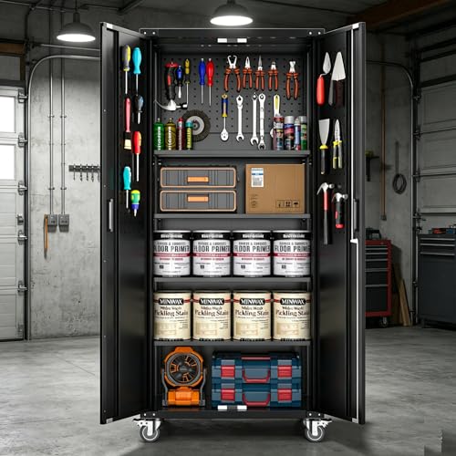 PeacefulHues Metal Garage Storage Cabinet with Doors and Wheels, 72" High Lockable Storage Cabinet with 4 Adjustable Shelves and Pegboard, for Garage Workshop Home Office