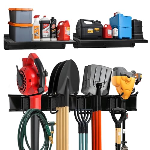 TIDYME Heavy-Duty Garage Wall Storage System | Wall Mounted Tool Organizer Rack with Shelving | 10-Piece Mounting Kit | Includes 4x10” Double-Layered Hooks & 2x16.5” Floating Utility Shelves