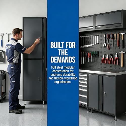 Heavy Duty Garage Storage Cabinet System 4/6/8/10-Piece, Modular Garage Cabinets with Workbench & Rolling Cart for Workshop Organization (grey, 6-pcs)
