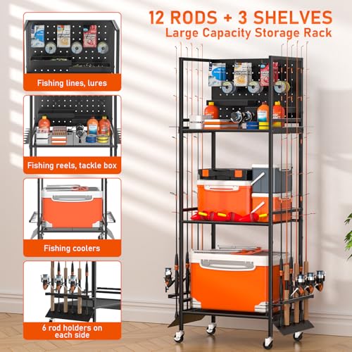 GloCryp 12-Rod Fishing Pole Holders for Garage, 3-Shelf Fishing Rod Holder with Pegboard and Trays, 360° Rotatable, Rolling Fishing Storage Cart with Wheels for Tackle Box & Fishing Gear Organization