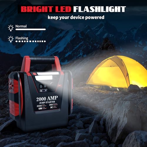 Jump Starter with Air Compressor,2000A Car Battery Jumper Starter 260 PSI Tire Inflator,6 in 1 Auto Lead-Acid Battery Booster Jump Starter for Up to 10.0L Gas or 8.0L Diesel with LED Light
