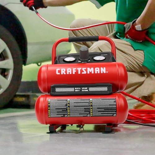 Craftsman 2-Gallon Air Compressor, 1/3 HP Oil-Free Twin Tank, 125 PSI Max – Portable & Quiet for Home DIY, Tire Inflation, Nailing & Spray Painting (Twin Stack)