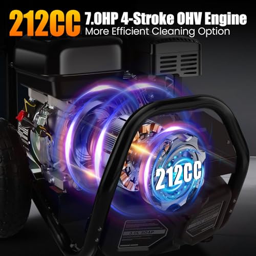 Professional 4200PSI 4GPM 212CC Gas Pressure Washer, 7.0HP Heavy-Duty 3600RPM Commercial Gas Power Washer with 10" Wheels 3000ML Foam Bottle 5 Nozzles 33FT Hose Reel (EPA/CARB/ETL Compliant), Black