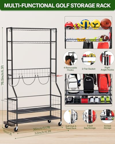 FHXZH Golf Bags Storage Garage Organizer - Stand for 3 Golf Bags, Clubs, and Equipment Accessories with Wheels