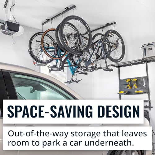 Teal Triangle Ceiling Mounted Bike Rack for Garage - Premium Bicycle Stand & Hanger for Space-Saving Storage | Adjustable Ceiling Hooks Hold 4-8 Bikes - Indoor Bicycle Rack System for basement