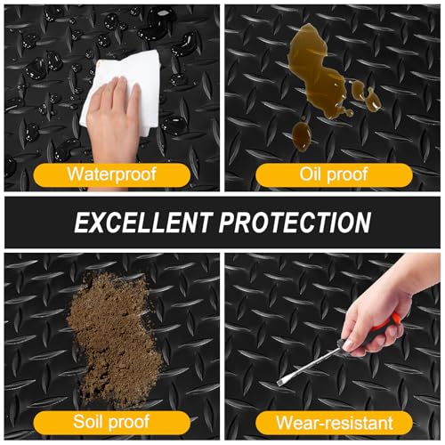 7.5x18 FT Garage Floor Mat, Flooring Roll with 20Pcs Tapes, 135 sqft Diamond Plate PVC Rubber Trailer Mat, Non-Slip Floor Mat for Garage, Warehouse, Gyms, Trailer, Pickup Truck (Black)