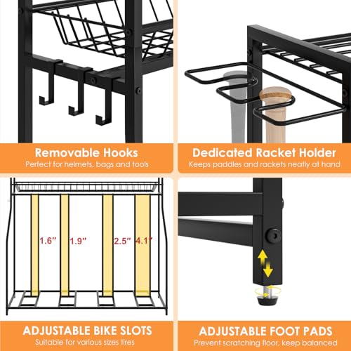 Riodalare 4 Bike Stand, Bike Rack Garage with 3-Tier Storage Baskets, Indoor Outdoor Bicycle Storage Stand Organizer, Metal Stability Floor Bicycle Station for Mountain, Road, Hybrid, Scooters
