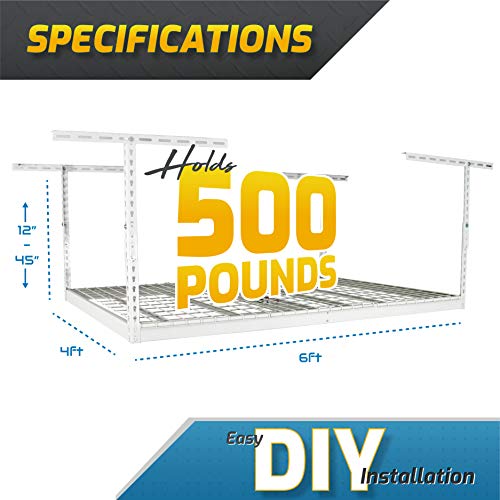 MonsterRax Overhead Garage Storage Racks 4x6, Ceiling Mounted Shelving, Adjustable Hanging Storage Organizer, Heavy Duty Steel, Holds 500 Pounds, Color: White, Adjusts 24"-45” off Ceiling