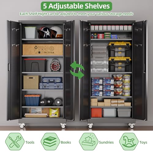 GangMei Garage Storage Cabinet with Wheels and Pegboard, 71" H x 32" W x 16" D Lockable Metal Storage Cabinet with 5 Adjustable Shelves and 2 Doors for Garage Home, Assembly Required, Black