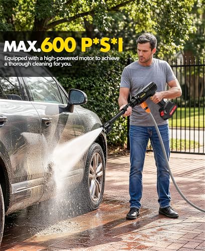 PoolLeader Cordless Car Cleaning Tool, Lightweight Portable Car Cleaner with 6-in-1 Nozzle & Foam Cannon, Battery Operated Cordless Car Wash Spray, Handheld Wash Machine for Car, Patio, Home - Yellow