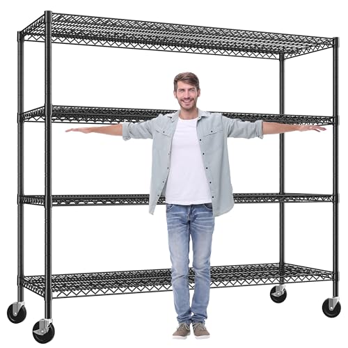 REIBII 60" W Storage Shelves 2878LBS Metal Shelving Unit with Wheels Heavy Duty Garage Shelving Adjustable Wire Shelves for Pantry,Kitchen,Garage,Basement,Business,Warehouse,School,60”W ×24”D×65.3”H