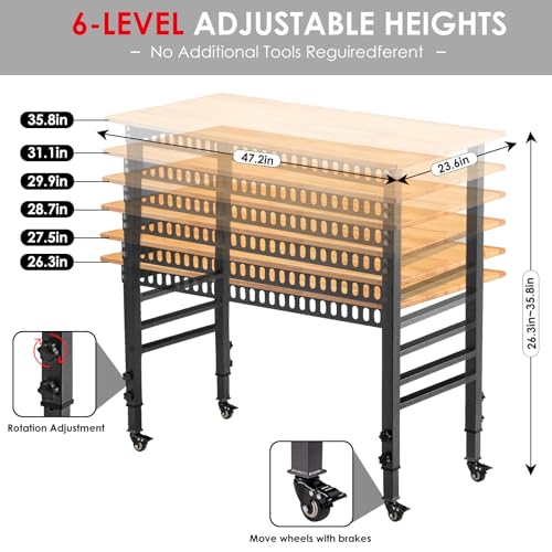 OLBRUS 48 "Adjustable Workbench with Power Outlet, Heavy Duty 2000 LBS Load Capacity Hardwood Workbench Suitable for Workshop, Office, Garage, Home with Wheels