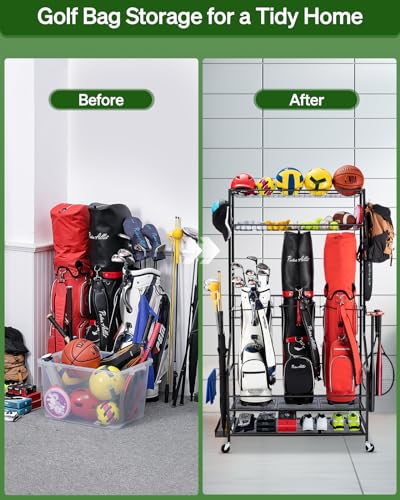 FHXZH Golf Bags Storage Garage Organizer - Stand for 3 Golf Bags, Clubs, and Equipment Accessories with Wheels