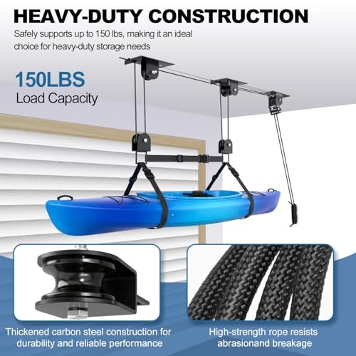 TooTaci Cargo Box Pulley System for Garage, Heavy Duty Ceiling Storage Lift with 3 Metal Pulley Hold Up to 150lbs, Garage Hoist System for Kayak, Roof Box, Ladders, Easy Lift, Fit 10-14 Foot Ceilings