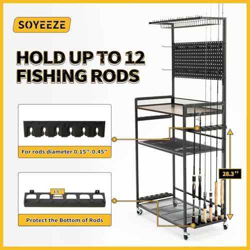 SOYEEZE Fishing Rod Holders for Garage,Fishing Gear Holder for Fishing Rod Tackle Box Storage，Fishing Pole Holders for 12 Rods with Hooks and Pegboard,Fishing Cart with Reel Rack, Large Size