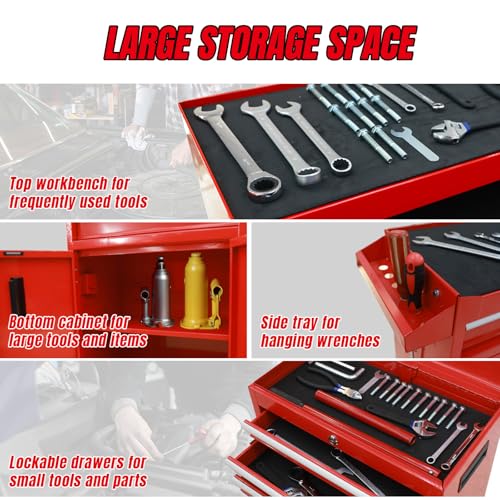 Torin 5-Drawer Rolling Tool Chest: Metal Tool Box with Wheels, Removable Top Tool Box, Liner, Adjustable Shelf and Locking Mechanism for Garage Workshop,Red