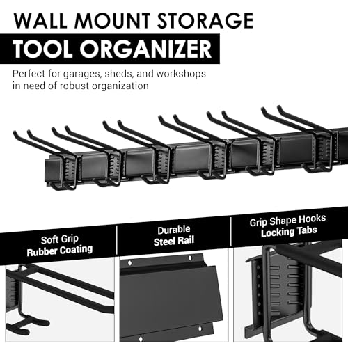Feller 9-Piece Garage Slatwall Hook Kit – 6 Double Utility Hooks + 3 Mounting Plates (16" O.C., 50" total width) – EXTRA Heavy Duty Slat Wall Hanger Holder Set for Tools