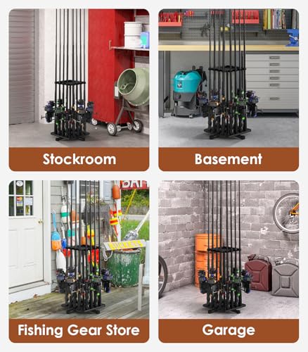 Roylvan Fishing Rod Holders for Garage, 360° Rotating Vertical Fishing Rod Rack, Metal Fishing Pole Stand Holds 16 Rods, Fishing Gear Equipment Storage Organizer for Ground, Fishing Gifts for Men
