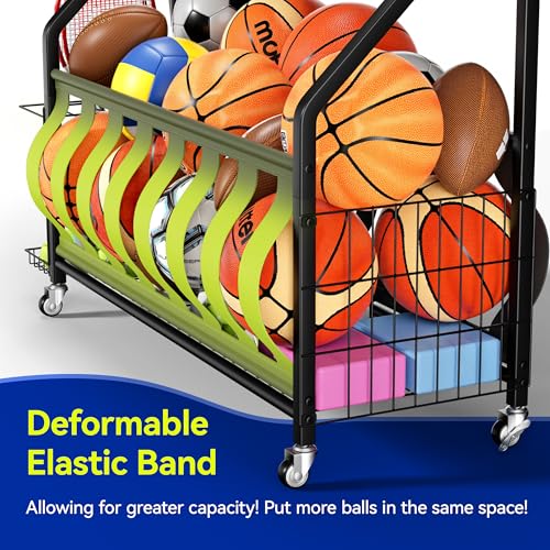 Keepmisc Sports Equipment Organizer, Large Capacity Garage Ball Storage Rack with Wheels, Heavy-Duty Rolling Ball Cart for Basketball, Soccer & Sports Gear