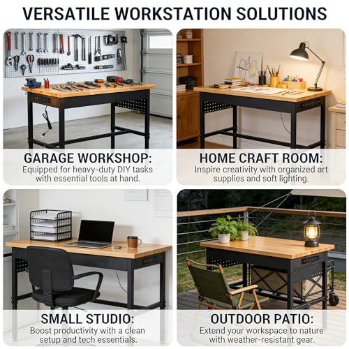48/60/70 Inch Adjustable Workbench with Power Outlet Heavy Duty 2500 LBS Load Capacity Hardwood Work Table for Garage 6 Level Height Adjustable Workshop Bench (48"x24")