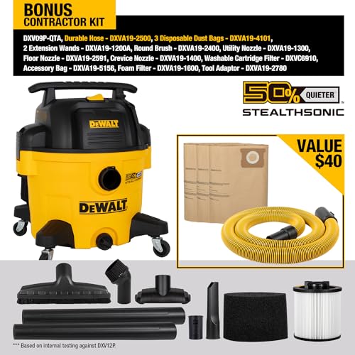 DEWALT 9 Gallon STEALTHSONIC Ultra Quiet Poly Shop Vacuum Wet/Dry, DXV09P-QTA Noise Reduction Vac for Shop, Heavy Duty Shop Vacuum