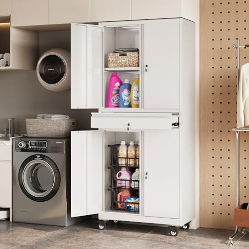 DEVAISE Metal Garage Storage Cabinet with Locking Doors and Adjustable Shelves, Rolling Tool Cabinet with Drawer for Garage,Warehouse,Home,Office (White)