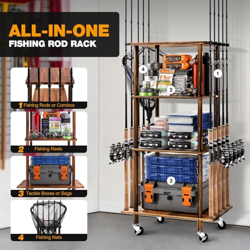 Ghosthorn Fishing Rod Holders Fishing Pole Rack for Garage Hold up to 10 Rods Wooden Fishing Pole Holders Organizer Fishing Rod Rack Fishing Gear Storage Equipment(Carbonization，4 Tier)