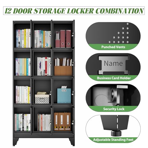 erosoei Metal Lockers for Employees, 12 Doors Metal Storage Locker with Card Slot and Ventilation Holes, Steel Employee lockers for Home Office School Gym Garage, Requires Installation