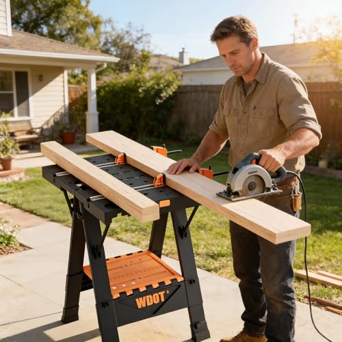 WDOT 2-in-1 Folding Work Bench & Sawhorse, Easy Setup Portable Work Table, 31" W x 25" D x 32" H, Laser-Engraved Scale,Lightweight Worktable with Large Load Capacity, 2 Clamps & 6 Bench Dogs