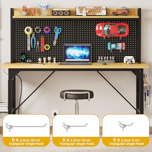 DWVO 60" Adjustable Workbench with Pegboard, Heavy Duty Wood Top Work Bench with Wheels, 1600 LBS Load Capacity, Rolling Work Table with AC/USB Outlet, Hooks, Rack for Garage, Workshop, Office, Home