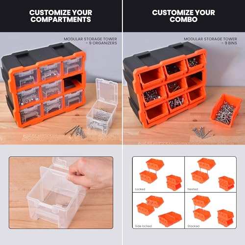 Tactix Modular Storage Tower Cabinet, Black & Orange, Polypropylene, 9 Removable Bins, Wall Mount, 12.5x6.6x14.9 Inches, Garage Workshop