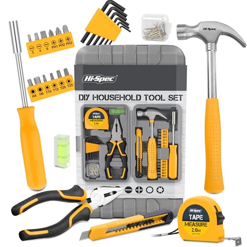 Hi-Spec Small Tool Box for Home and Office DIY, 25-Piece Yellow Mini Tool Kit Set for Basic Household Repairs in a Portable Toolbox Case.