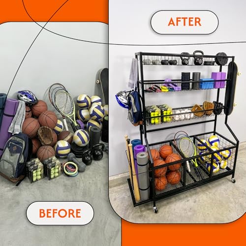 AMPLY Sports Equipment Organizer, Rolling Sports Ball Storage Garage Rack with Large Ball Bins, Side Bat Grid and Multi-Tier Shelves, Steel Rust-Resistant Gear Cart for Families, Schools, Gyms