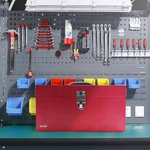 16" Portable Metal Toolbox Large Tool Box 18-Gauge Fishing Tackle Box Stee Tool Box Drawer Organizer With Metal Latch and Handle Red