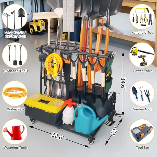 LCMWHOP Garden Tool Organizer - Heavy Duty Garage Storage and Organization with Wheels - Large Garden Tool Storage Holder for Lawn Yard Patio Shed,Garage Shovel Rack