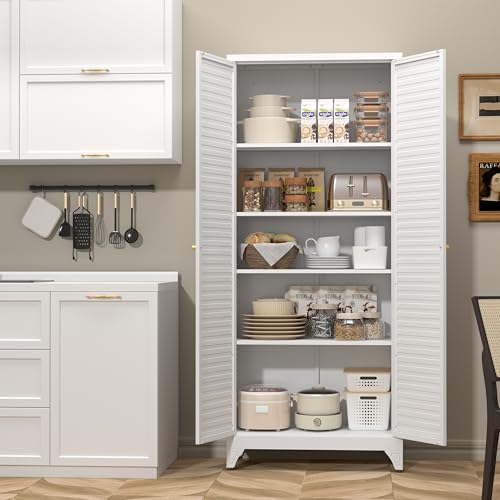SteeLoong Kitchen Pantry Cabinet,75" Metal Storage Cabinet with Doors and 4 Adjustable Shelves,White Tall Locker Organizer Steel Garage Cabinets for Tool,File Cabinet for Office,Kitchen,Garage,School