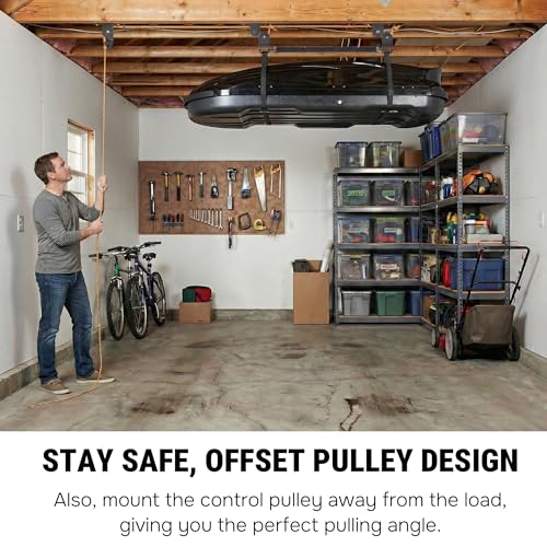 RoakyRoasy Cargo Box Hoist for Garage Ceiling with Metal Pulley System Holds 150 lbs, 5.5" Low-profile Rooftop Carrier Storage Lift, Parallel or Perpendicular Mounted