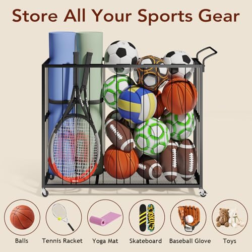 Homsorout Ball Storage Bin Rolling Sports Ball Cart, Metal Garage Organizer Sport Rack, Ball Basket Storage, Ball Cage for Garage or Gym, Indoor & Outdoor Sports Equipment Organizer（Black）