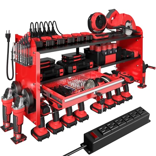 KSVO Power Tool Organizer Wall Mount with Drill Rack, Grinder Holder, Hammer & Pliers Rack, Locking Drawers, 6-Outlet Charging Shelf – Heavy Duty Metal Tool Storage for Garage, Workshop (Red)
