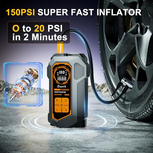 Doorii 6000A Jump Starter with Air Compressor, 10-in-1 Car Jumper Starter Portable, 150PSI Tire Inflator/Air Pump, LED Flashlight for Up to 10.0L Gas / 8.0L Diesel Engines