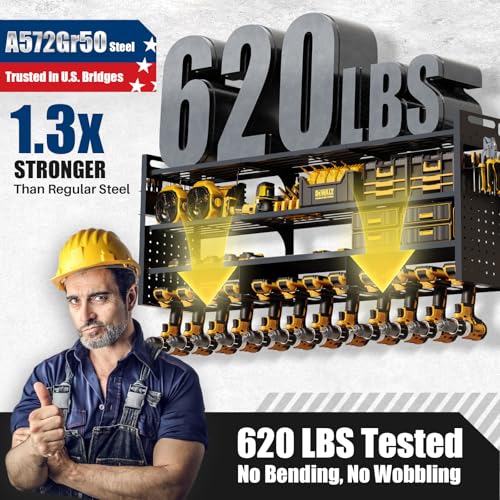 STURDIFLOW Large 49''W Power Tool Organizer Wall Mount | 620lbs Garage Storage Rack with 12 Cordless Drill Holder | 4-Tier Heavy Duty Utility Shelf for Battery Workshop Organization